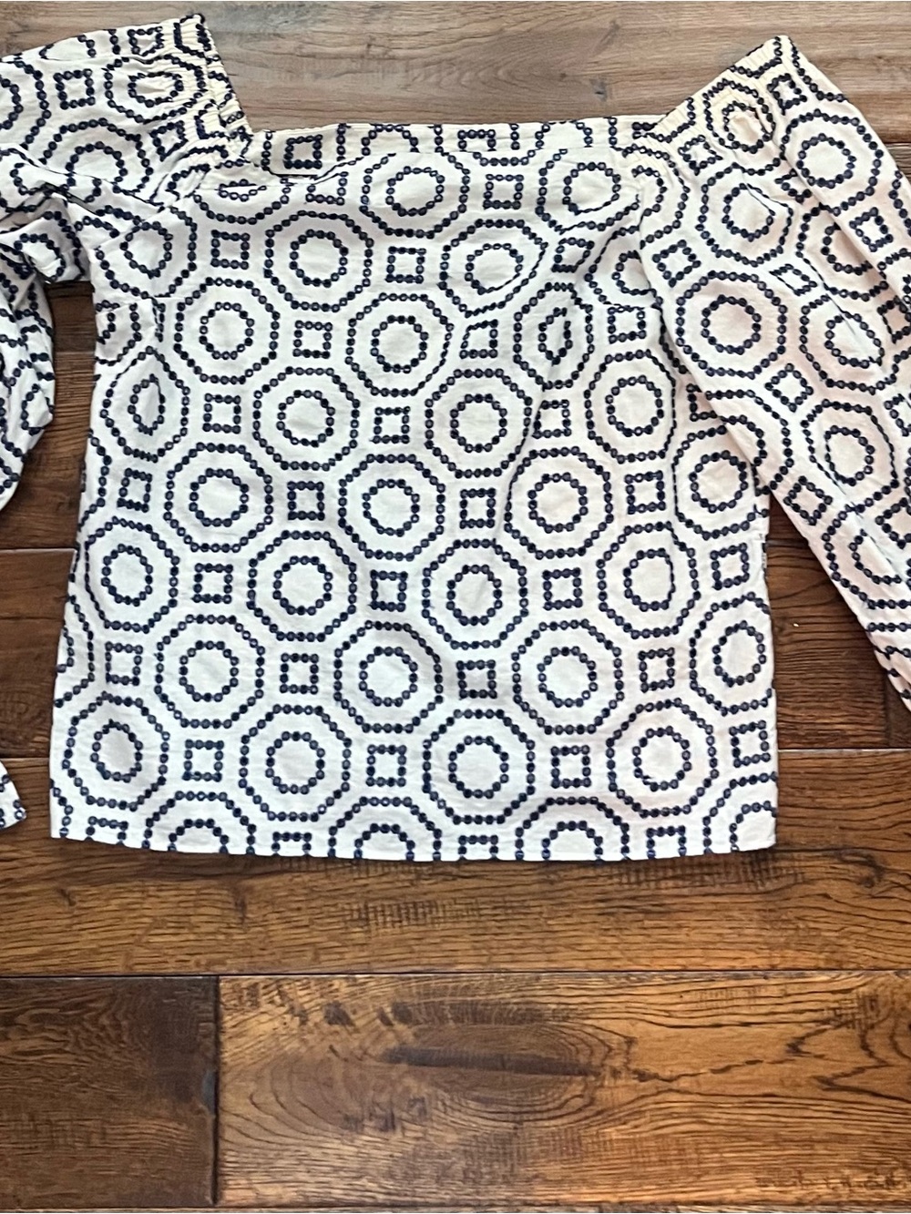 Alexis White Off-Shoulder Top with Navy Geometric Dot Pattern